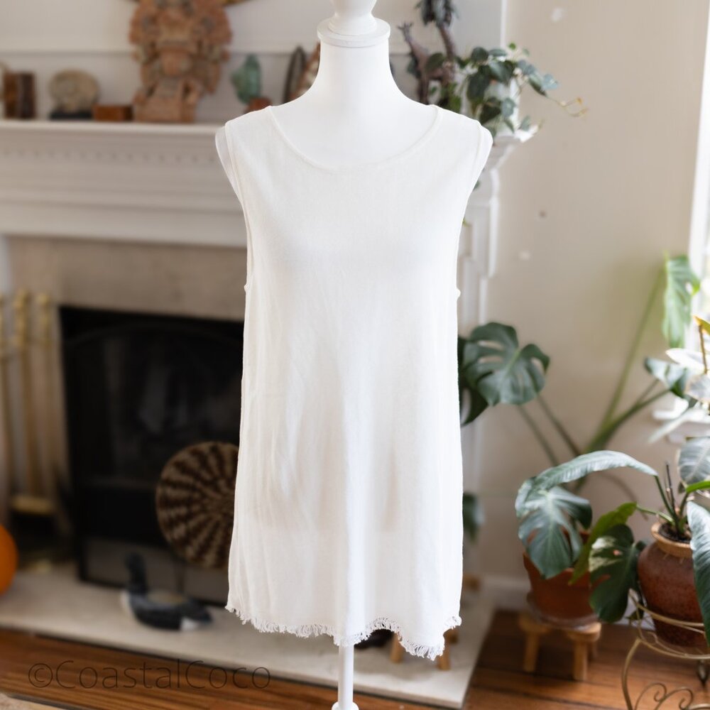 J.Jill Fringe Hem Knit Top M Linen Blend Tunic Resortwear Natural Boho NEW